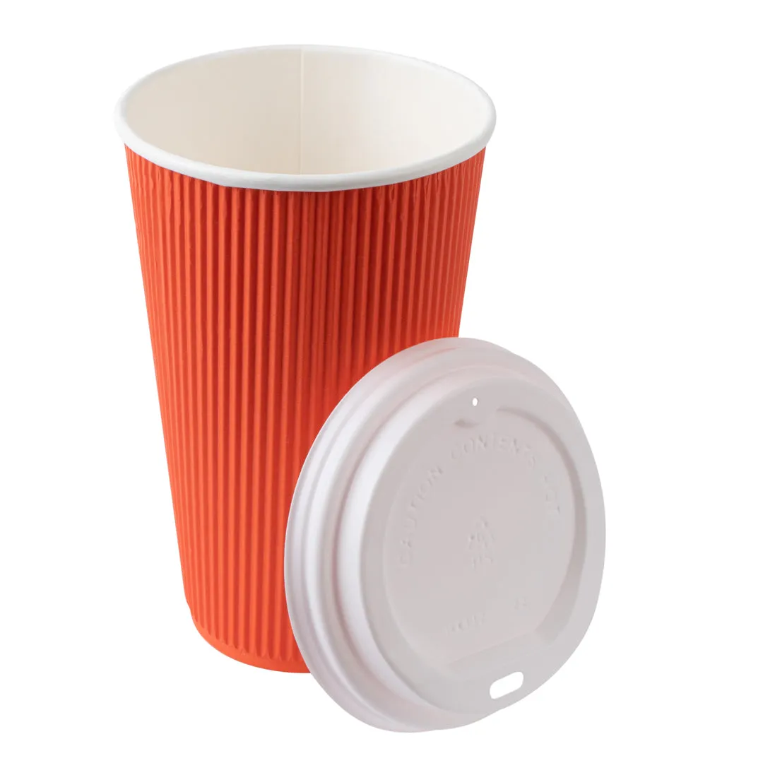 16 oz Tangerine Orange Paper Ripple Wall Coffee Cup - with White Lid - 3 1/2" x 3 1/2" x 6 1/4" - 20 count box