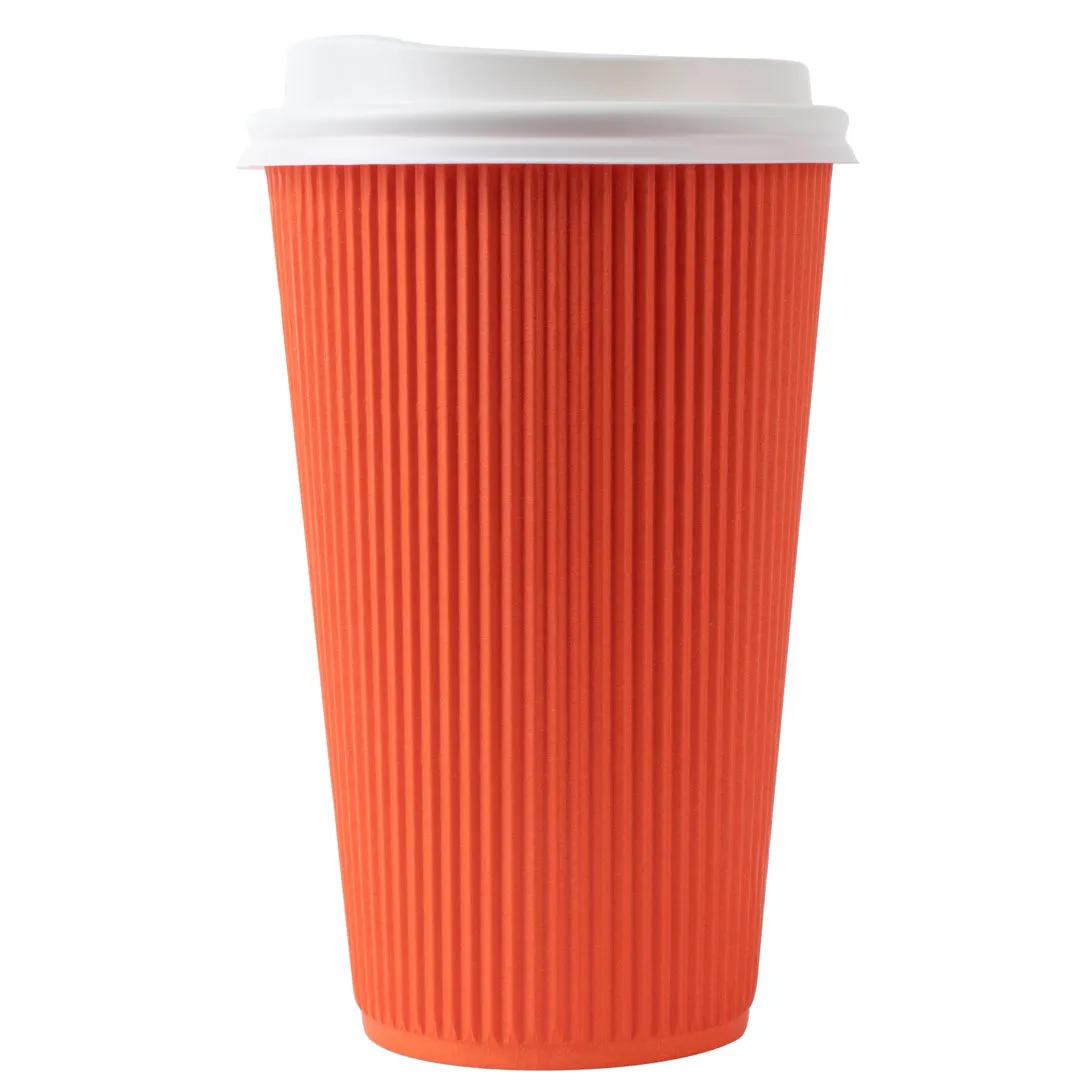 16 oz Tangerine Orange Paper Ripple Wall Coffee Cup - with White Lid - 3 1/2" x 3 1/2" x 6 1/4" - 20 count box