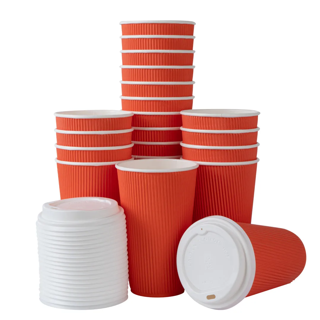16 oz Tangerine Orange Paper Ripple Wall Coffee Cup - with White Lid - 3 1/2" x 3 1/2" x 6 1/4" - 20 count box