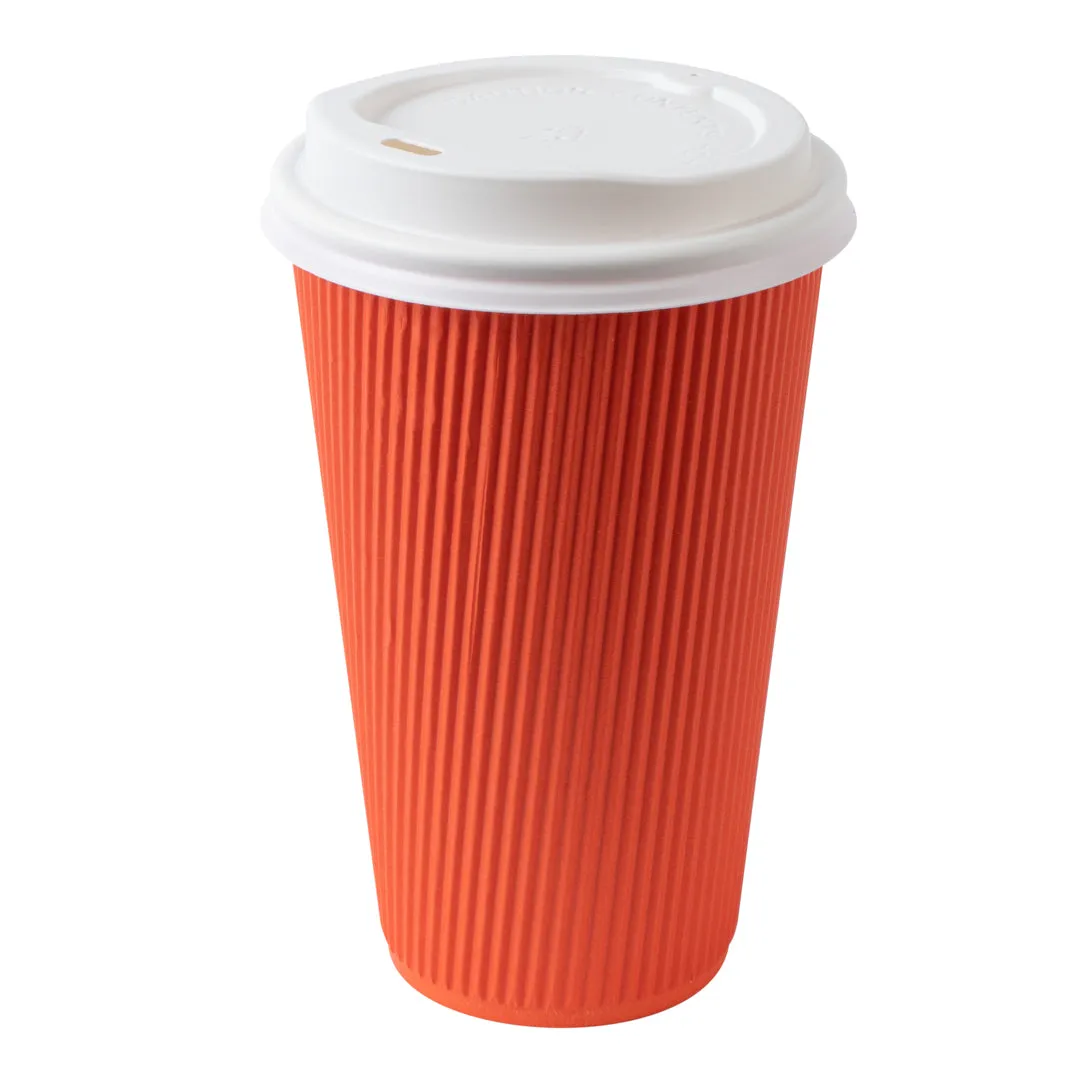 16 oz Tangerine Orange Paper Ripple Wall Coffee Cup - with White Lid - 3 1/2" x 3 1/2" x 6 1/4" - 20 count box
