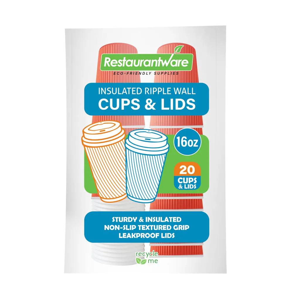 16 oz Tangerine Orange Paper Ripple Wall Coffee Cup - with White Lid - 3 1/2" x 3 1/2" x 6 1/4" - 20 count box