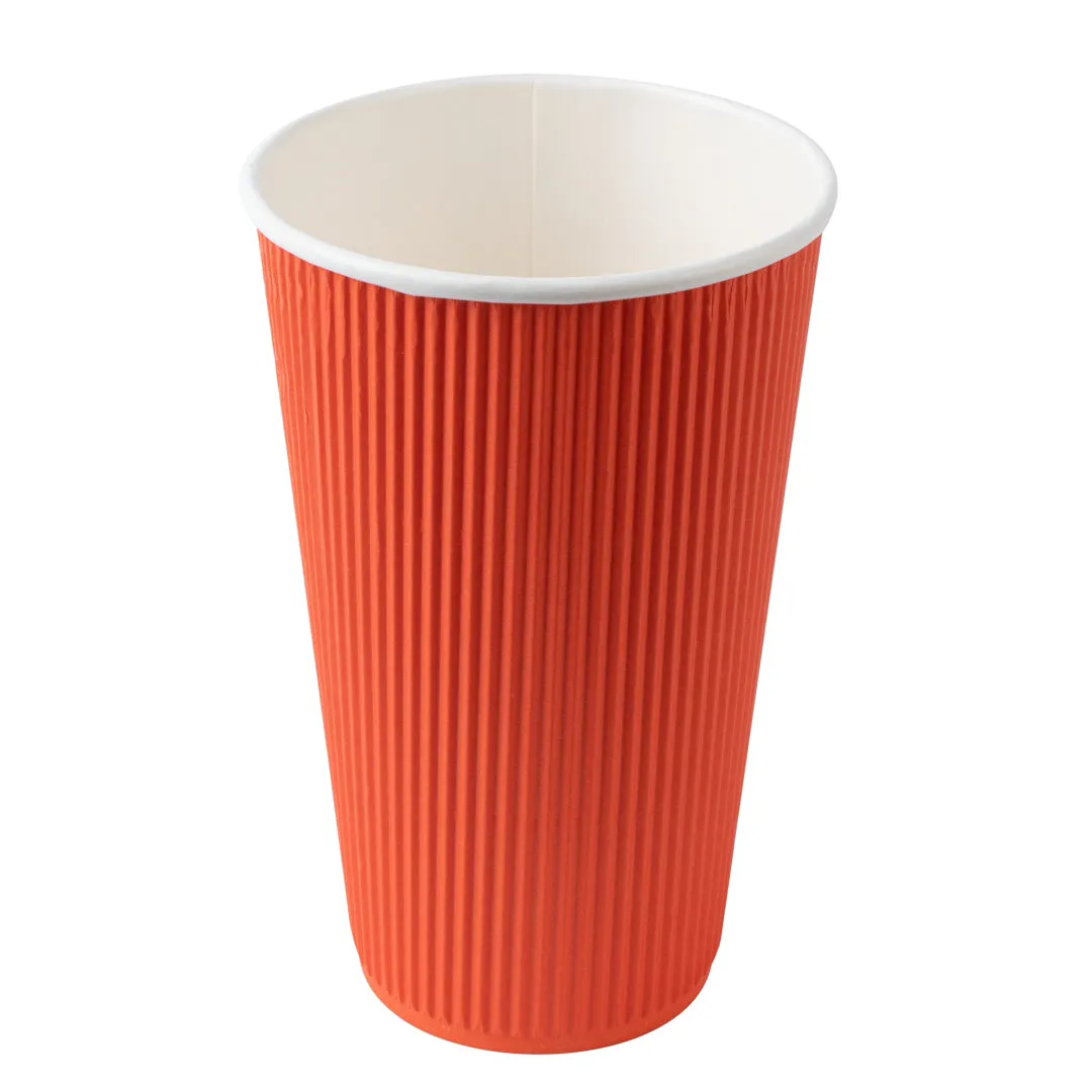 16 oz Tangerine Orange Paper Ripple Wall Coffee Cup - with White Lid - 3 1/2" x 3 1/2" x 6 1/4" - 20 count box