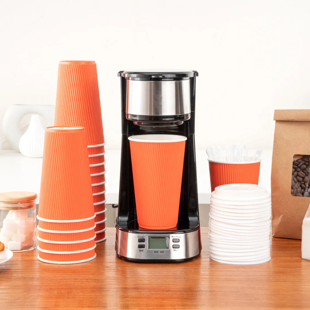 16 oz Tangerine Orange Paper Ripple Wall Coffee Cup - with White Lid - 3 1/2" x 3 1/2" x 6 1/4" - 20 count box