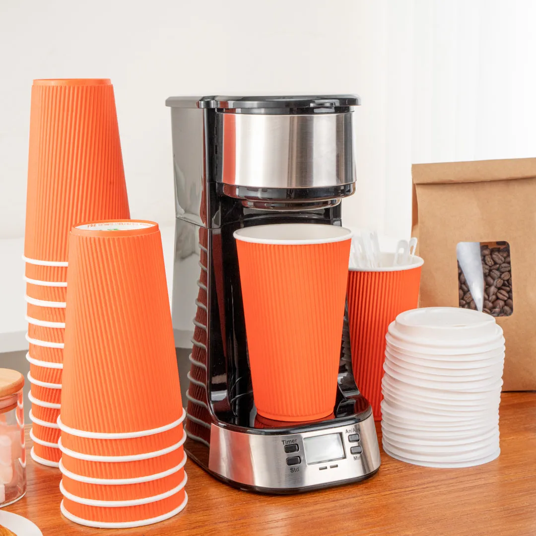 16 oz Tangerine Orange Paper Ripple Wall Coffee Cup - with White Lid - 3 1/2" x 3 1/2" x 6 1/4" - 20 count box