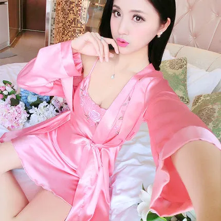 2017 Spring Summer Autumn Women Silk Nightdress  Set of Robe & Nightgown Lady Sexy  Dress Female Twinset of Sleepwear