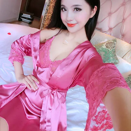 2017 Spring Summer Autumn Women Silk Nightdress  Set of Robe & Nightgown Lady Sexy  Dress Female Twinset of Sleepwear
