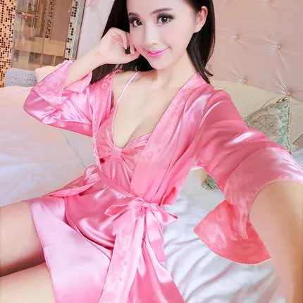 2017 Spring Summer Autumn Women Silk Nightdress  Set of Robe & Nightgown Lady Sexy  Dress Female Twinset of Sleepwear