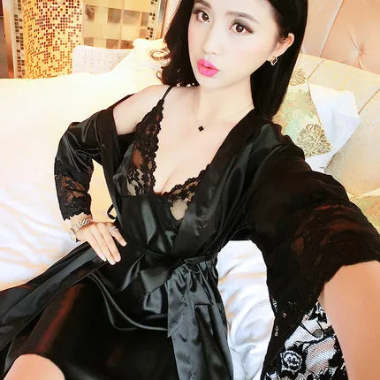 2017 Spring Summer Autumn Women Silk Nightdress  Set of Robe & Nightgown Lady Sexy  Dress Female Twinset of Sleepwear