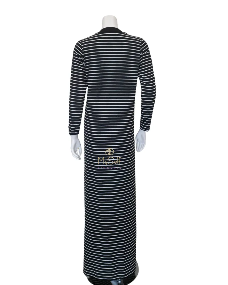 305-BK Black Stripes Button Down Cotton Nightgown