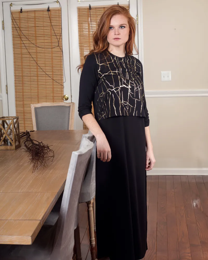 307-BK Gold Print Black Cotton Nursing Nightgown