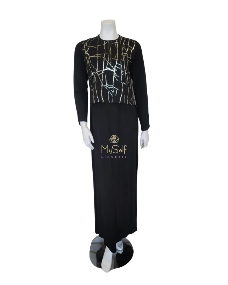 307-BK Gold Print Black Cotton Nursing Nightgown