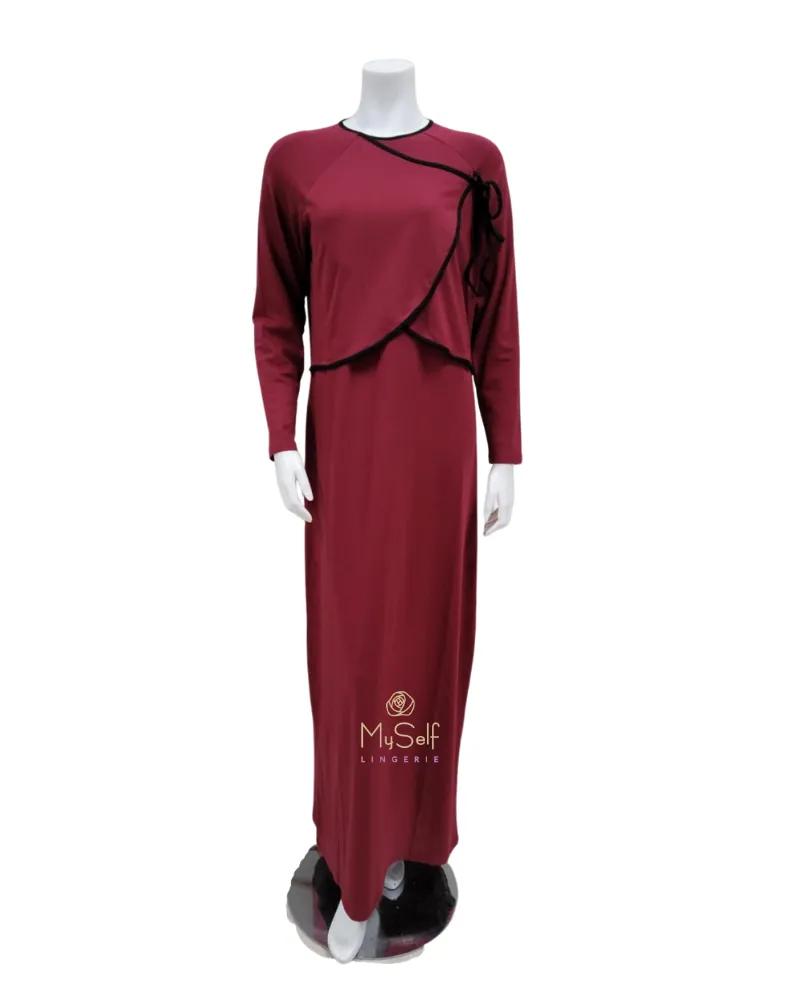 AC-079 Burgundy with Black Wrap Modal Nursing Nightgown