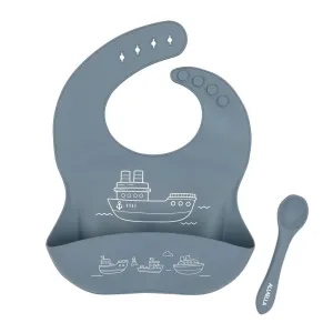 All4Ella Silicone Bib With Spoon Boats Slate Blue