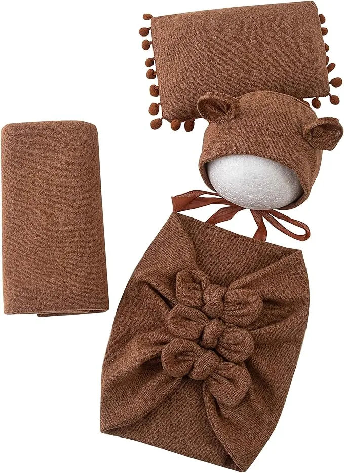 Babymoon (Set Of 4) Butterfly Ready Wrap, Jersey wrap, Pillow & Cap Baby Photography Props-Dark Brown