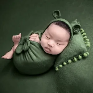 Babymoon (Set Of 4) Butterfly Ready Wrap, Jersey wrap, Pillow & Cap Baby Photography Props-Dark Green