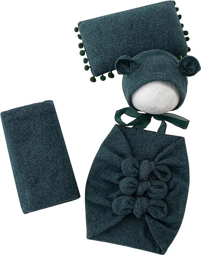 Babymoon (Set Of 4) Butterfly Ready Wrap, Jersey wrap, Pillow & Cap Baby Photography Props-Dark Green