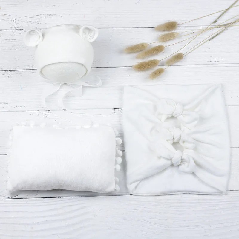 Babymoon (Set Of 4) Butterfly Ready Wrap, Jersey wrap, Pillow & Cap Baby Photography Props-White