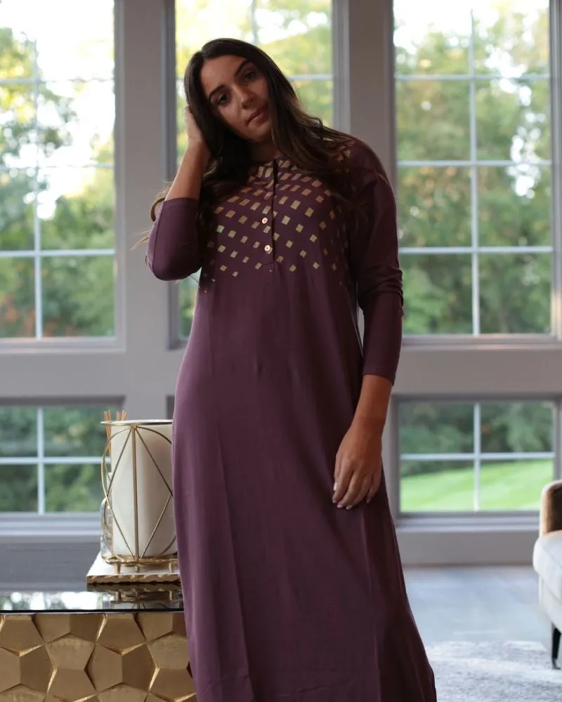 CH6758A Plum Wine Geometric Shimmer Button Down Cotton Nightgown