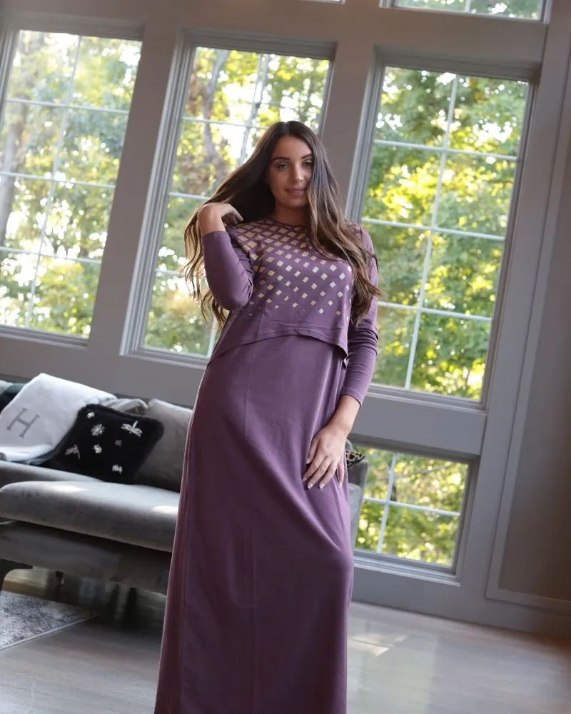 CH6758B Plum Wine Geometric Shimmer Cotton Nursing Nightgown