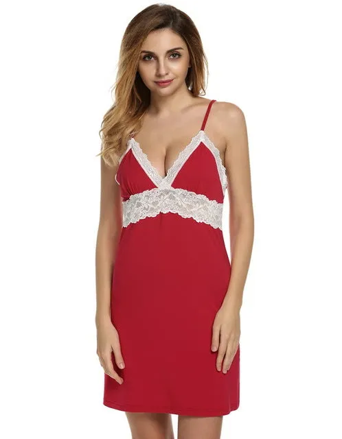 Ekouaer Brand Spring Autumn Nightgown Women Sexy Spaghetti Strap Lace Patchwork Lingerie Dress Sleepwear Sleepshirts Size S-XL