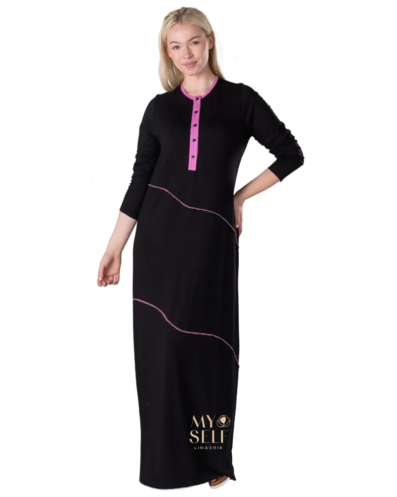 Ellwi Pink Wave Stitch Black Button Down Cotton Nightgown