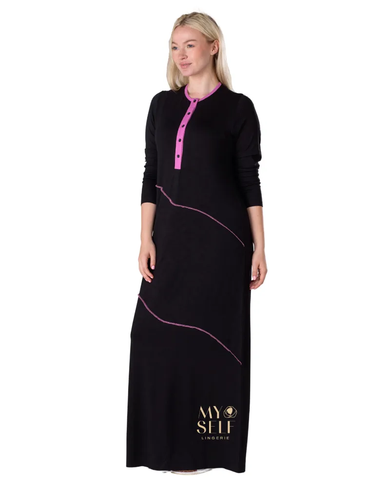 Ellwi Pink Wave Stitch Black Button Down Cotton Nightgown