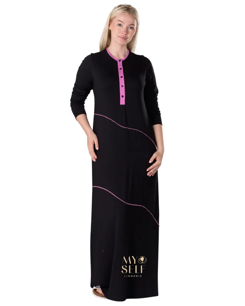 Ellwi Pink Wave Stitch Black Button Down Cotton Nightgown