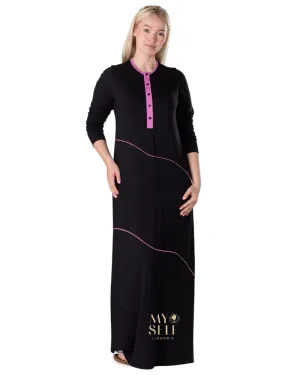 Ellwi Pink Wave Stitch Black Button Down Cotton Nightgown