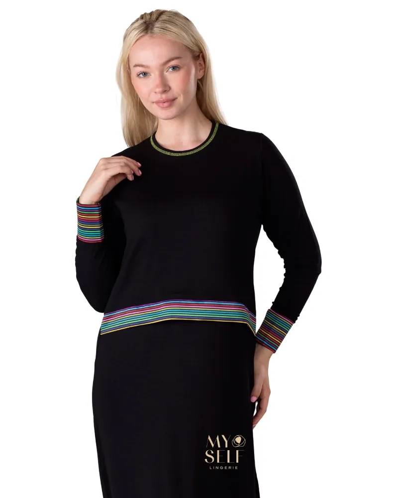 Ellwi Striped Band Black Cotton Nursing Nightgown