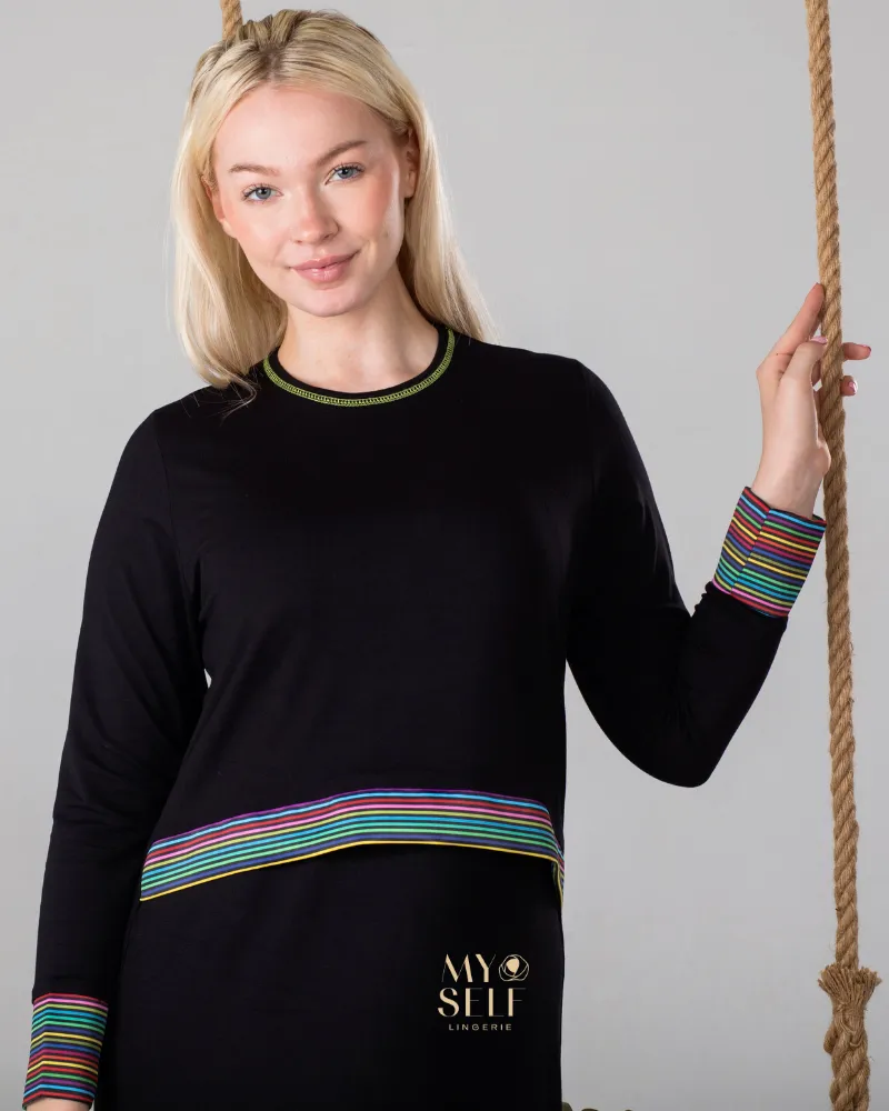 Ellwi Striped Band Black Cotton Nursing Nightgown