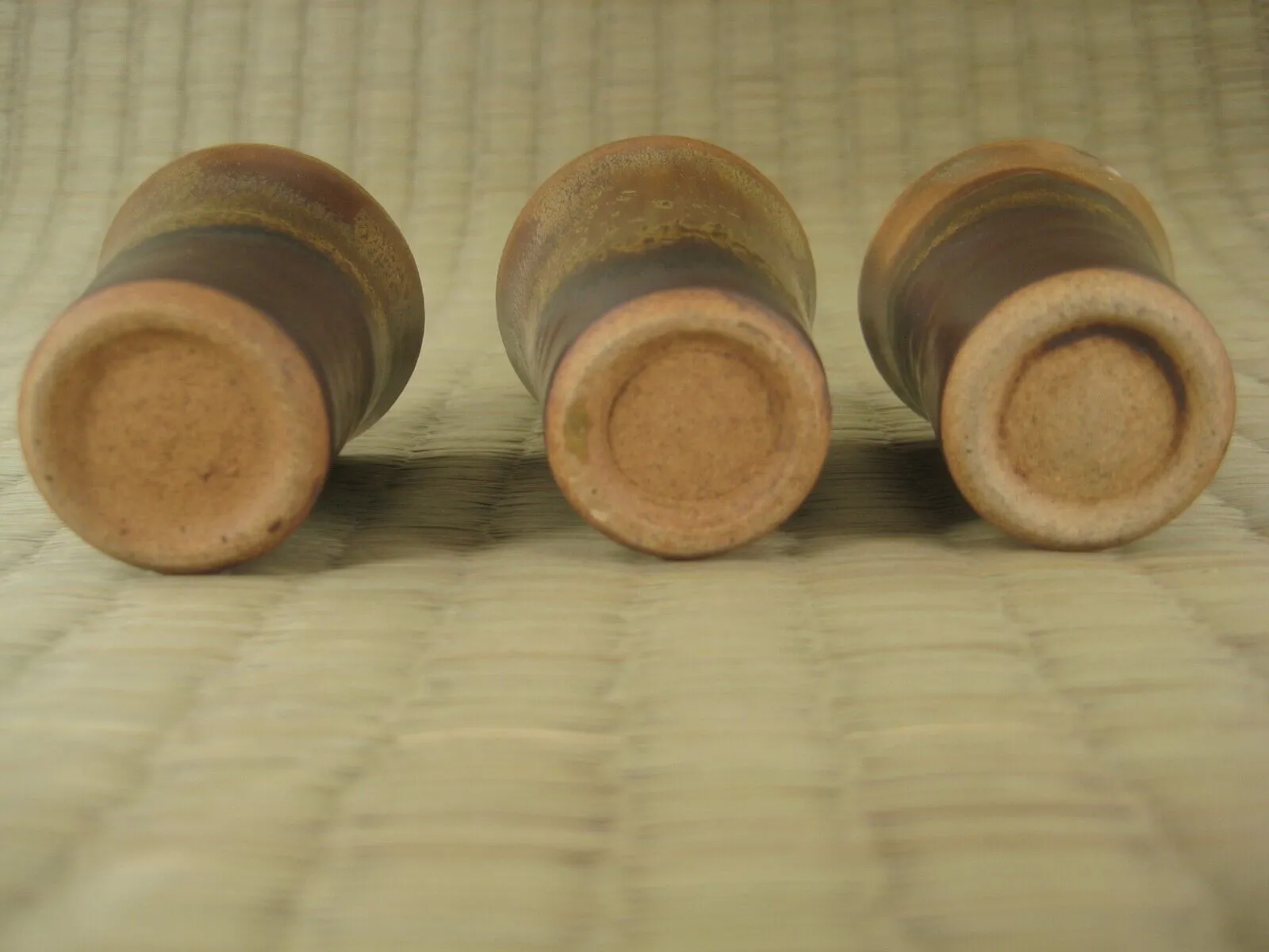 Japanese Hand Painted Set Of 3 High Walled Sake Cups Tan & Brown 1.75" Tall