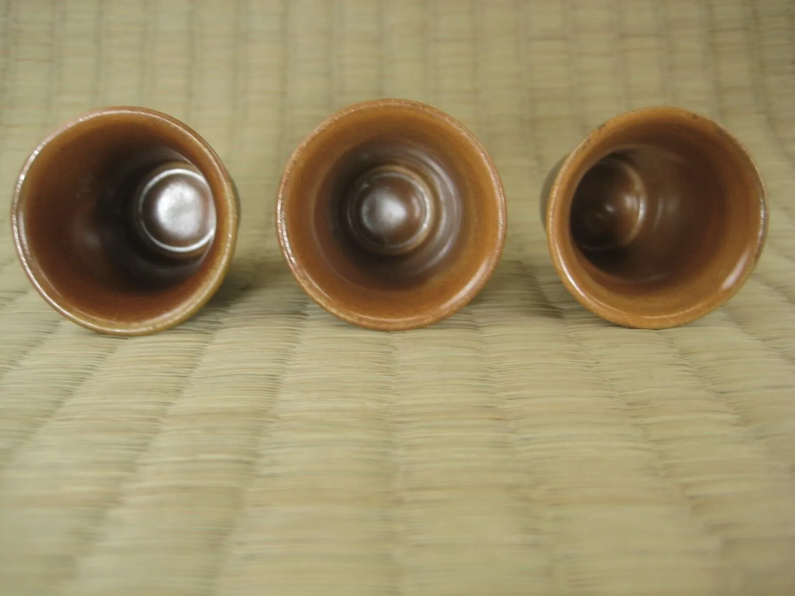 Japanese Hand Painted Set Of 3 High Walled Sake Cups Tan & Brown 1.75" Tall
