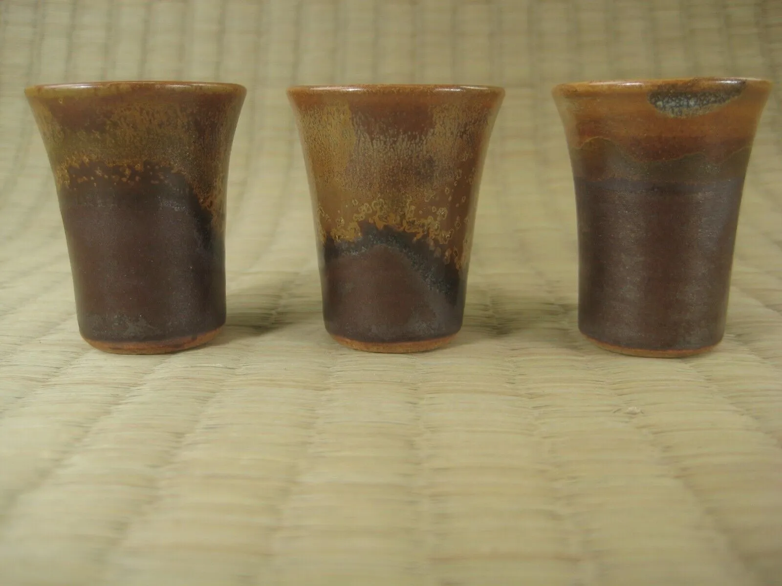 Japanese Hand Painted Set Of 3 High Walled Sake Cups Tan & Brown 1.75" Tall