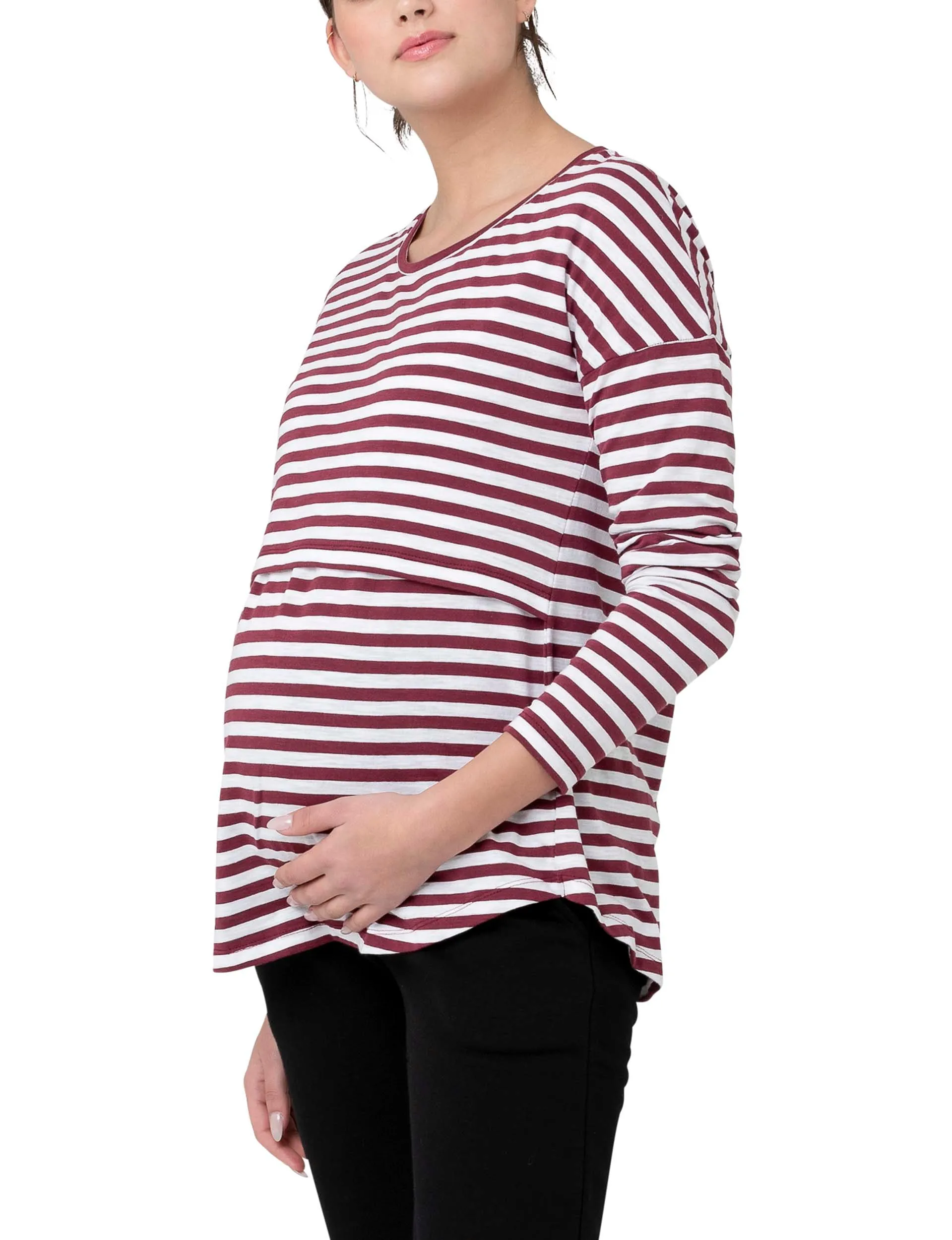 'Lionel' Long Sleeve Nursing Tee - Maroon / White