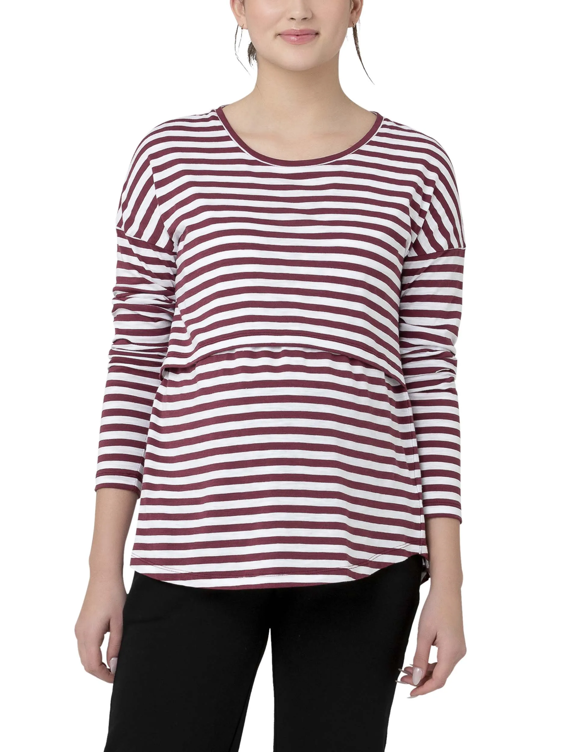 'Lionel' Long Sleeve Nursing Tee - Maroon / White