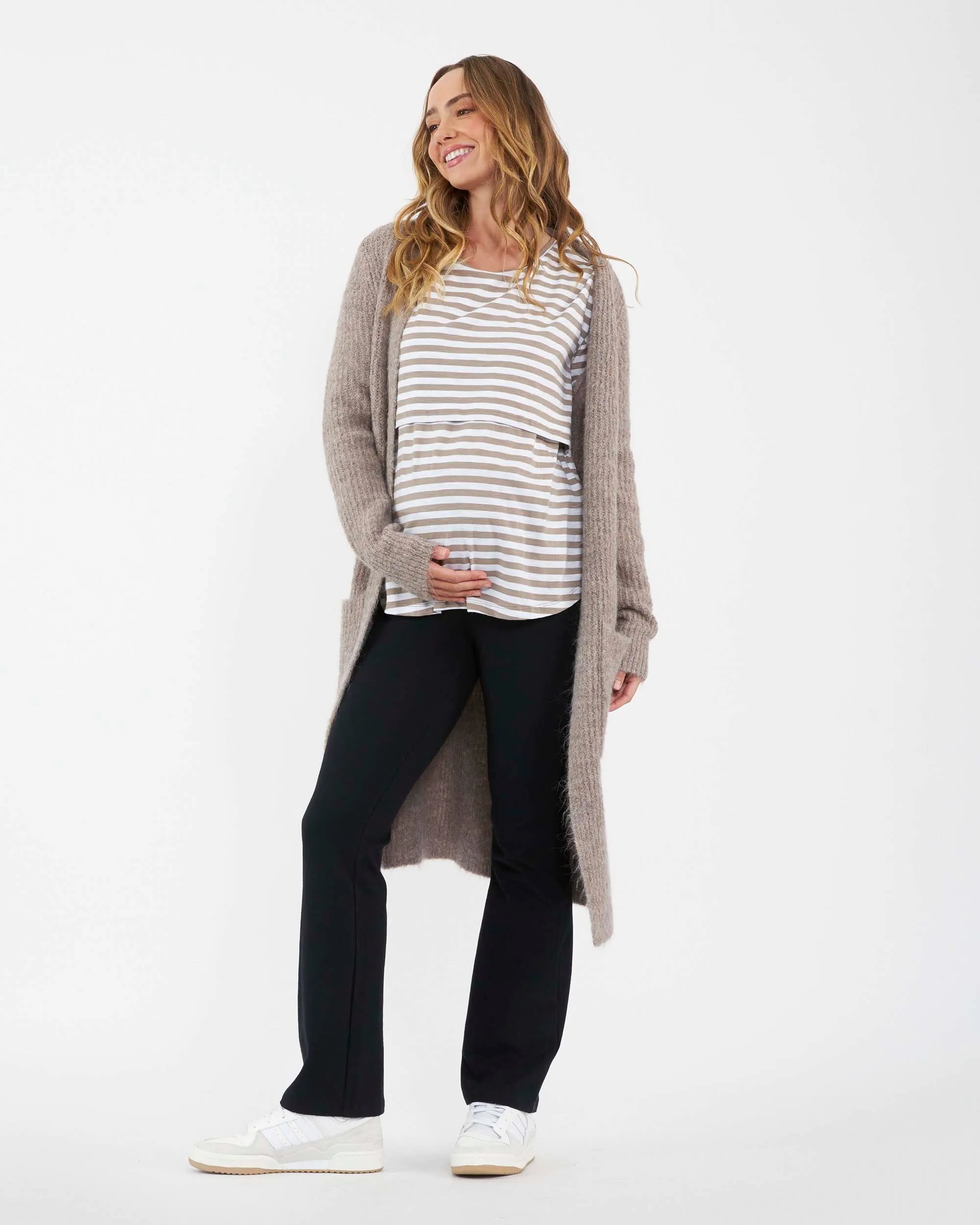 'Lionel' Long Sleeve Nursing Tee - Taupe / White