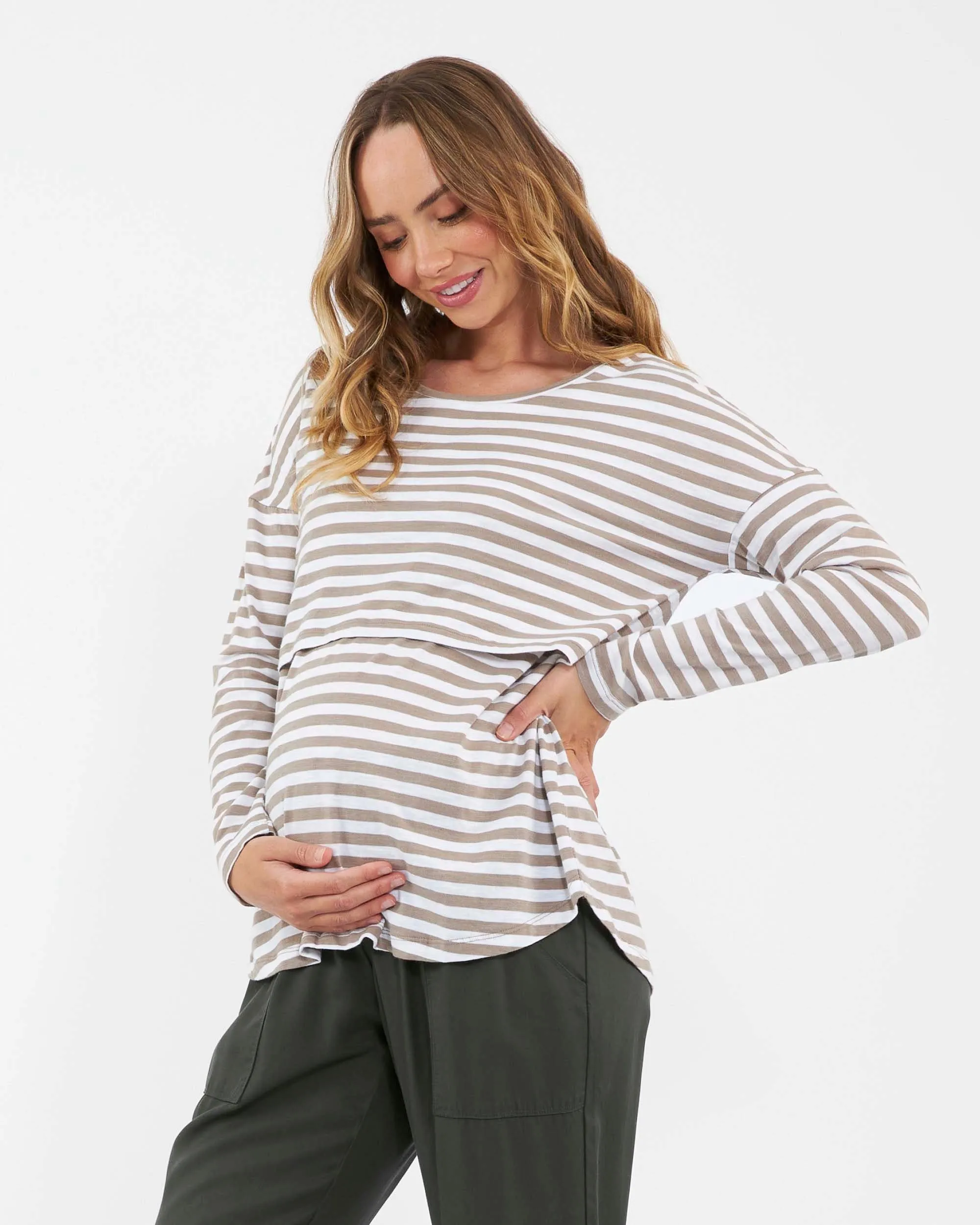 'Lionel' Long Sleeve Nursing Tee - Taupe / White