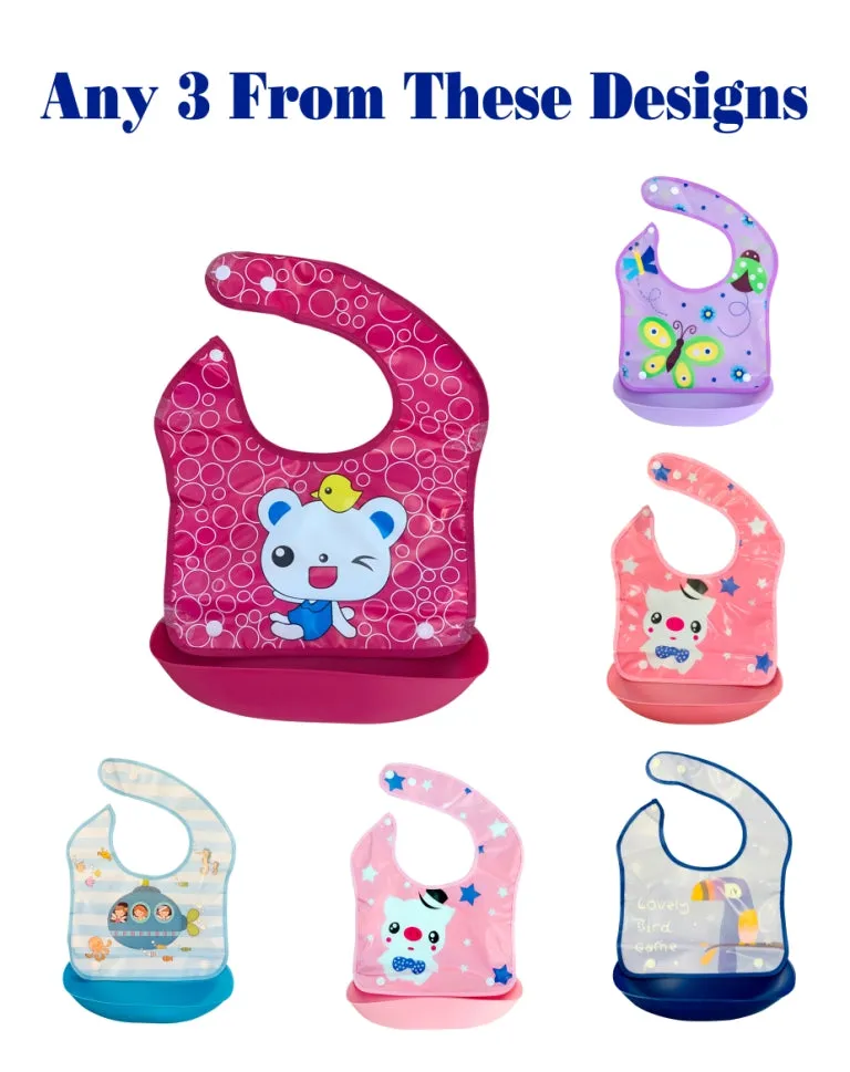 THE LITTLE LOOKERS Waterproof Washable Plastic Printed Baby Bib Apron/Double Layered PVC for Fast Drying with tich Button & Tray/Cute Print in Attractive Colors