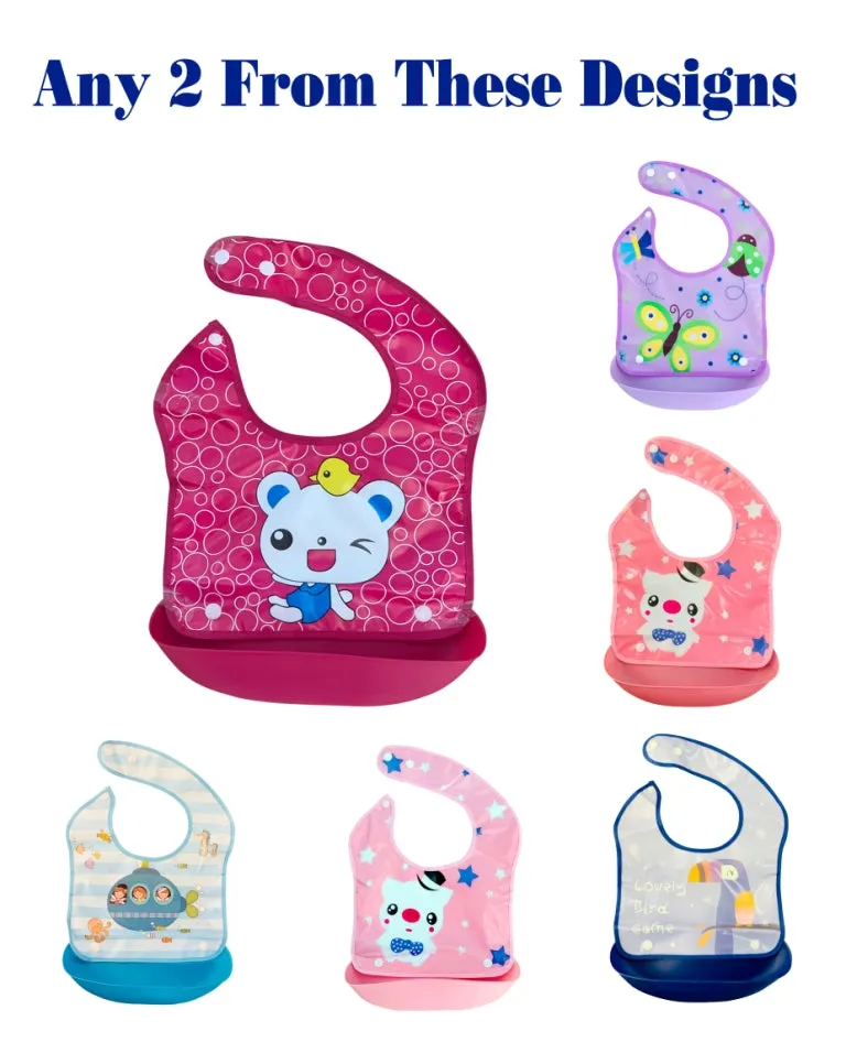 THE LITTLE LOOKERS Waterproof Washable Plastic Printed Baby Bib Apron/Double Layered PVC for Fast Drying with tich Button & Tray/Cute Print in Attractive Colors
