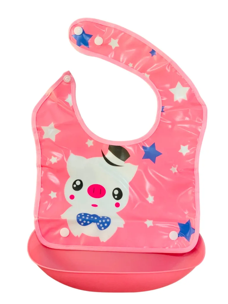 THE LITTLE LOOKERS Waterproof Washable Plastic Printed Baby Bib Apron/Double Layered PVC for Fast Drying with tich Button & Tray/Cute Print in Attractive Colors
