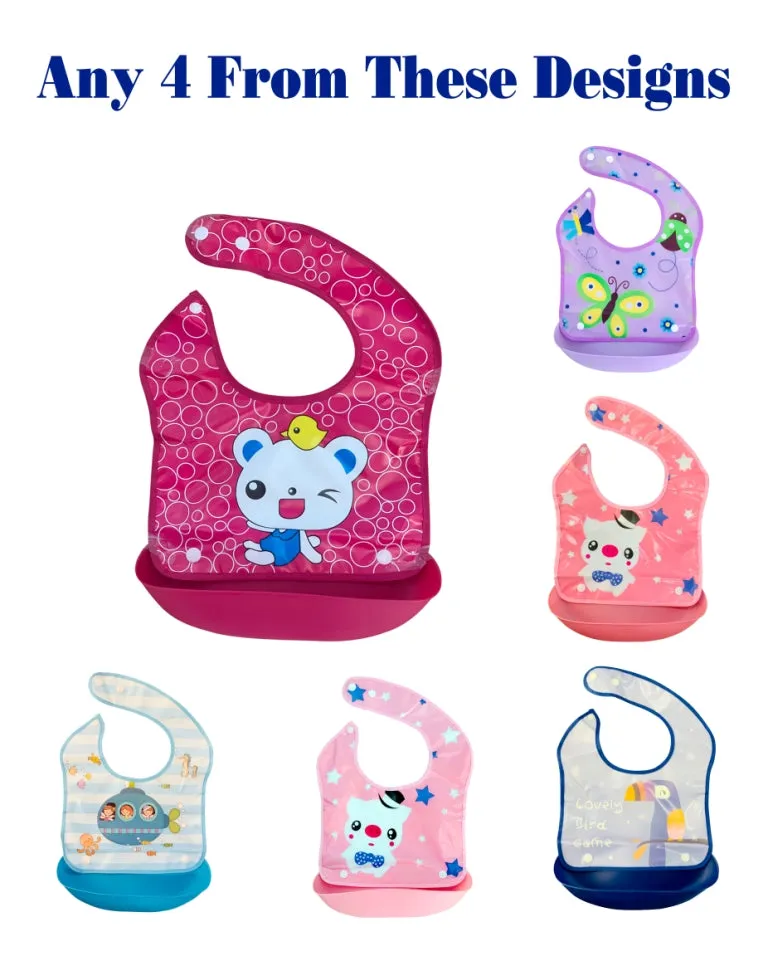 THE LITTLE LOOKERS Waterproof Washable Plastic Printed Baby Bib Apron/Double Layered PVC for Fast Drying with tich Button & Tray/Cute Print in Attractive Colors