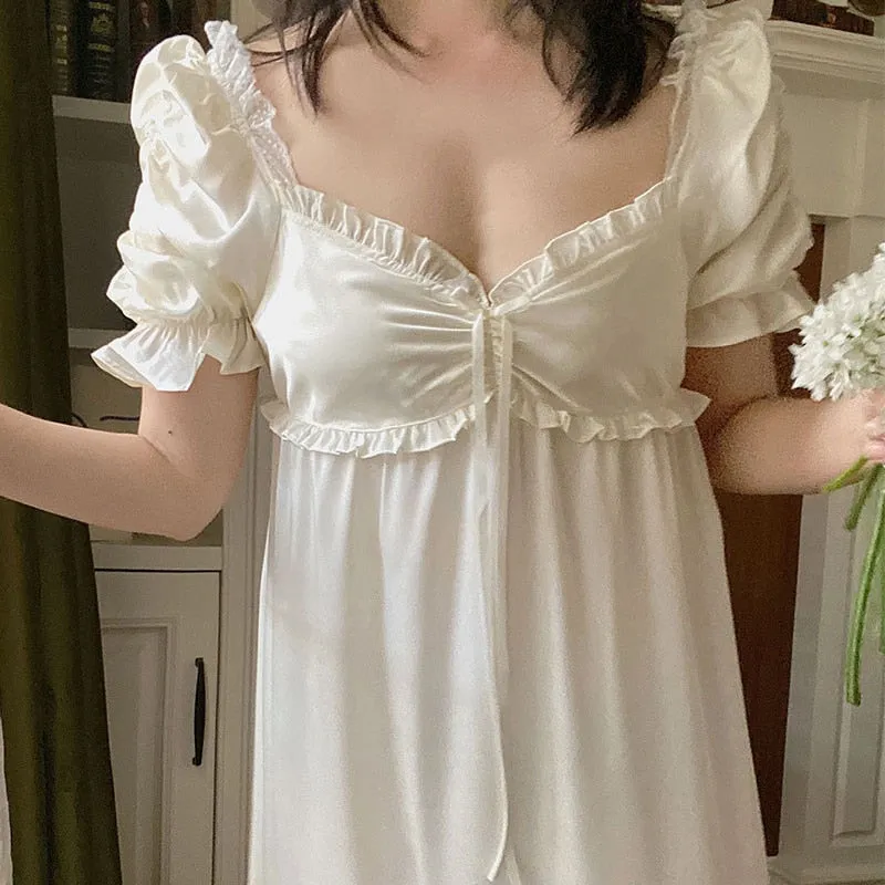 VenusFox Princess Style Nightdress Sleepwear Women Summer Silk Vintage Nightgown Girls Sexy Sweet V-Neck Sleep Dress Cute Lace Home Wear