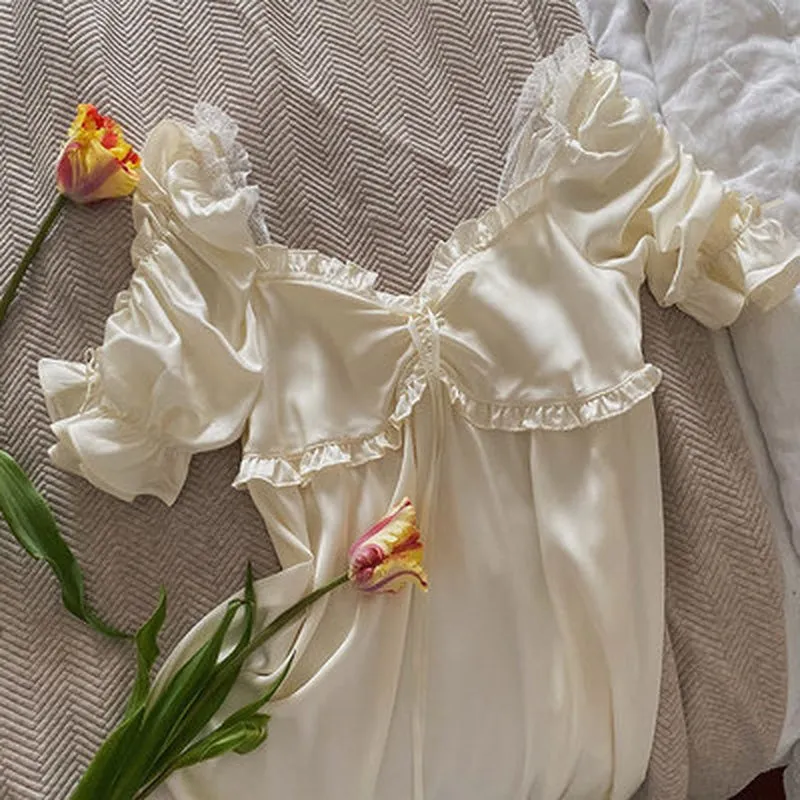 VenusFox Princess Style Nightdress Sleepwear Women Summer Silk Vintage Nightgown Girls Sexy Sweet V-Neck Sleep Dress Cute Lace Home Wear