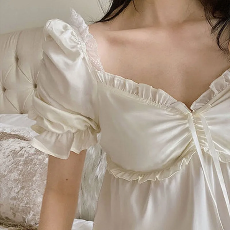 VenusFox Princess Style Nightdress Sleepwear Women Summer Silk Vintage Nightgown Girls Sexy Sweet V-Neck Sleep Dress Cute Lace Home Wear