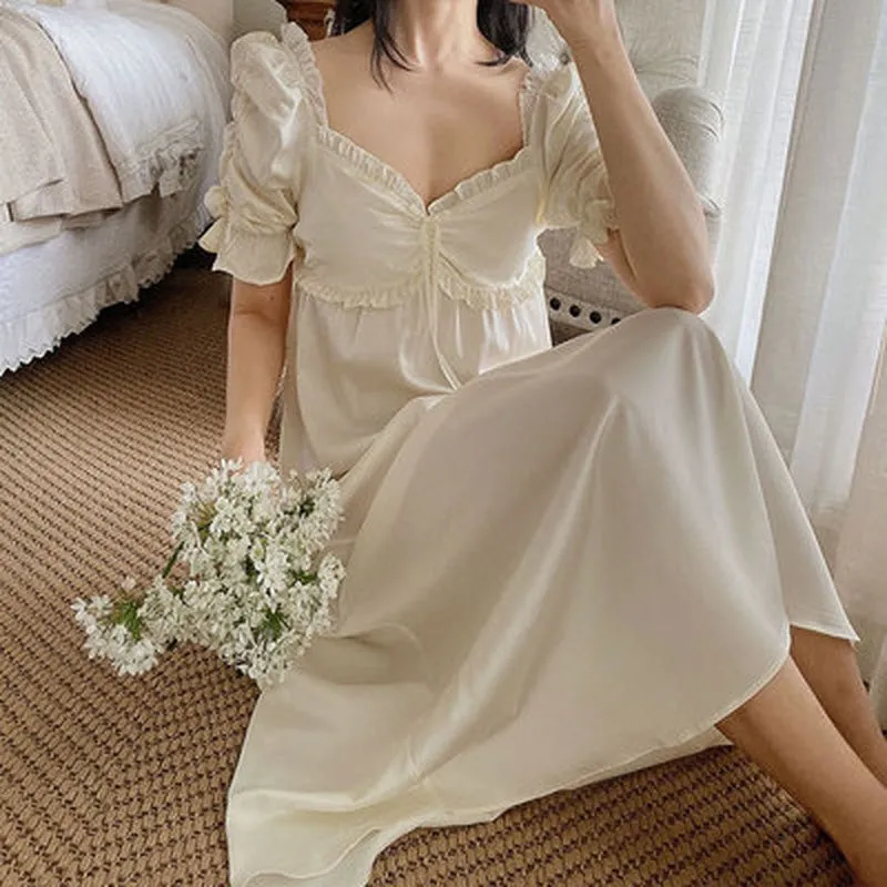VenusFox Princess Style Nightdress Sleepwear Women Summer Silk Vintage Nightgown Girls Sexy Sweet V-Neck Sleep Dress Cute Lace Home Wear