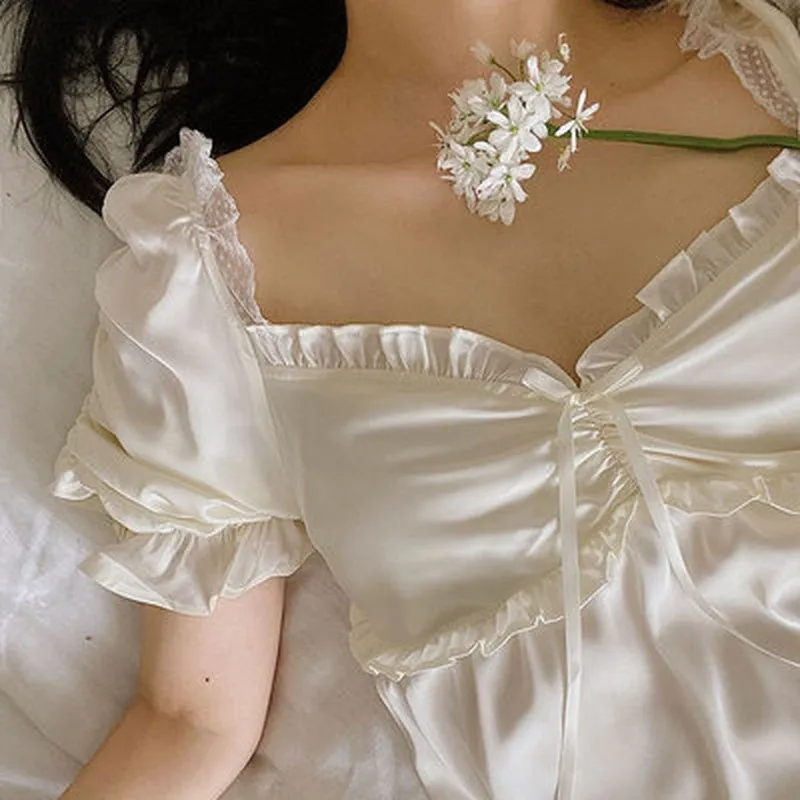 VenusFox Princess Style Nightdress Sleepwear Women Summer Silk Vintage Nightgown Girls Sexy Sweet V-Neck Sleep Dress Cute Lace Home Wear