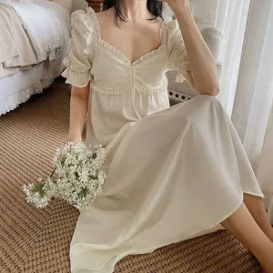 VenusFox Princess Style Nightdress Sleepwear Women Summer Silk Vintage Nightgown Girls Sexy Sweet V-Neck Sleep Dress Cute Lace Home Wear