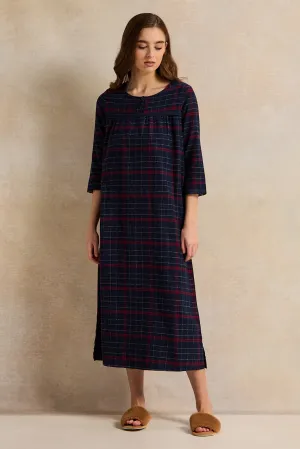 Women Navy Checkered Flannel Ninghtgown