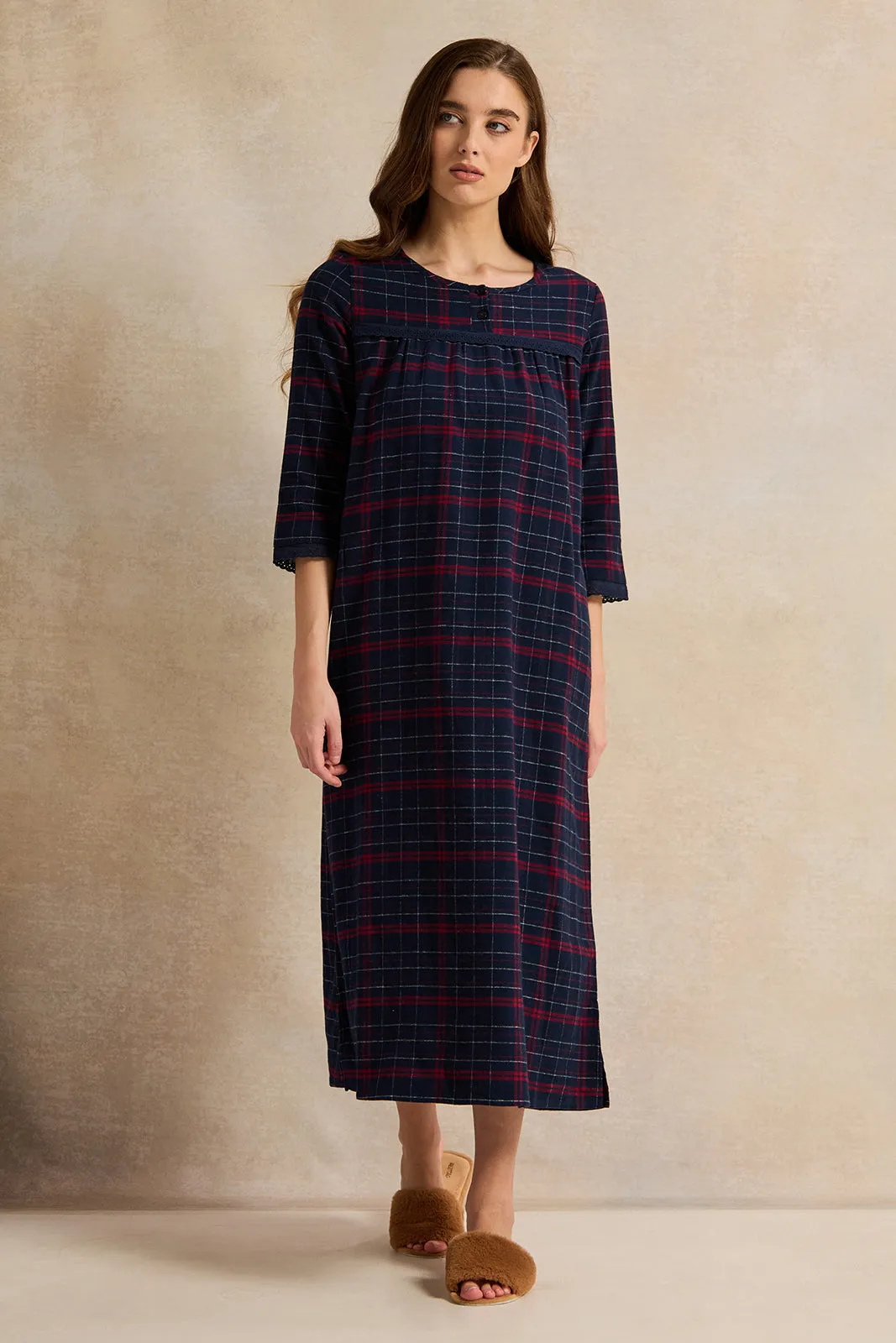 Women Navy Checkered Flannel Ninghtgown