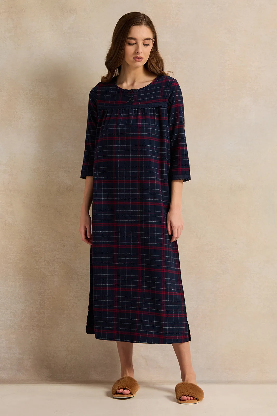 Women Navy Checkered Flannel Ninghtgown